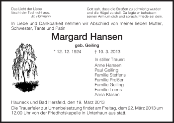 Traueranzeige von Margard Hansen von Hersfeld