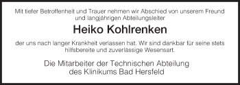 Traueranzeige von Heiko Kohlrenken von Hersfeld