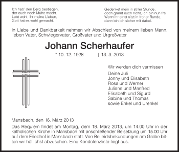 Traueranzeige von Johann Scherhaufer von Hersfeld