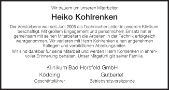 Traueranzeige von Heiko Kohlrenken von Hersfeld
