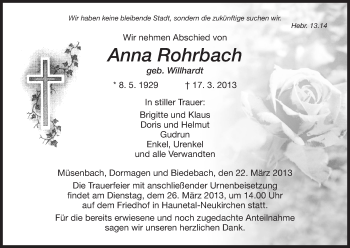 Traueranzeige von Anna Rohrbach von Hersfeld