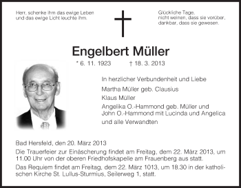 Traueranzeige von Engelbert Müller von Hersfeld