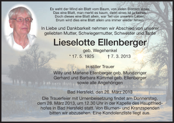 Traueranzeige von Lieselotte Ellenberger von Hersfeld