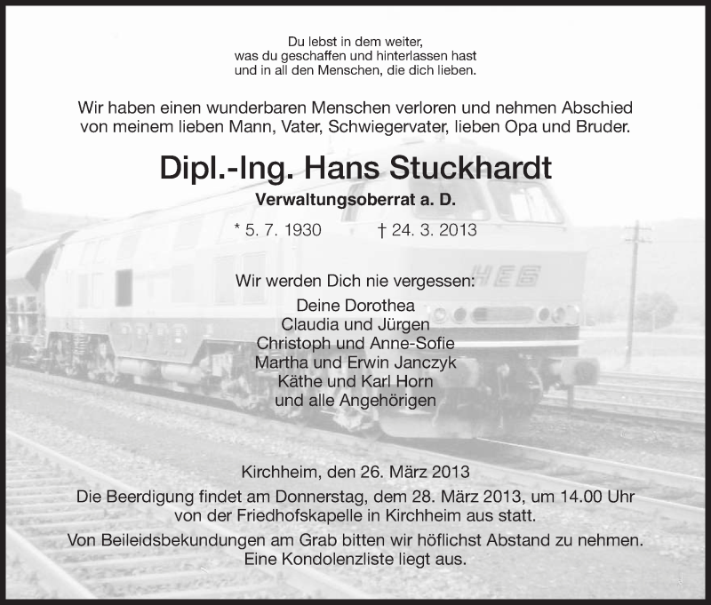  Traueranzeige für Hans Stuckhardt vom 26.03.2013 aus Hersfeld