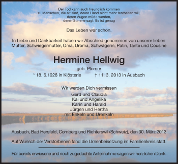 Traueranzeige von Hermine Hellwig von Hersfeld