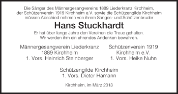 Traueranzeige von Hans Stuckhardt von Hersfeld