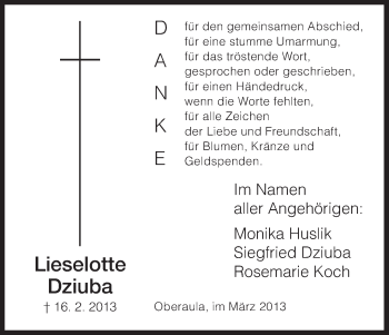 Traueranzeige von Lieselotte Dziuba von Hersfeld