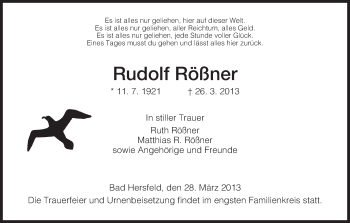 Traueranzeige von Rudolf Rößner von Hersfeld
