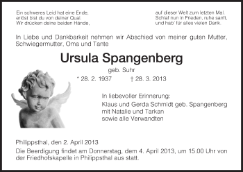 Traueranzeige von Ursula Spangenberg von Hersfeld