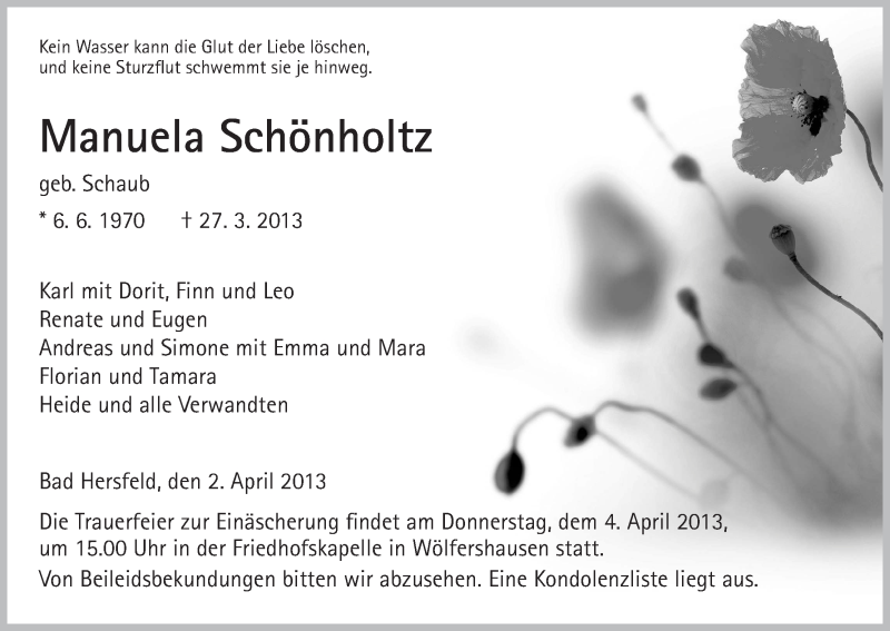  Traueranzeige für Manuela Schönholtz vom 02.04.2013 aus Hersfeld