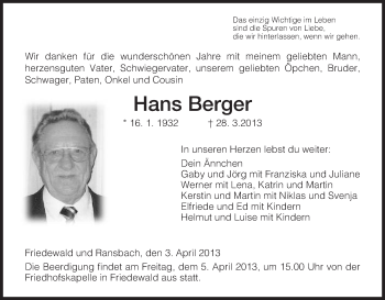 Traueranzeige von Hans Berger von Hersfeld