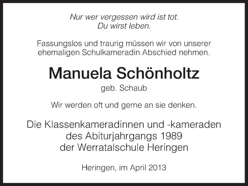  Traueranzeige für Manuela Schönholtz vom 03.04.2013 aus Hersfeld