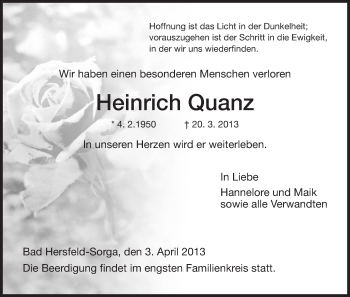 Traueranzeige von Heinrich Quanz von Hersfeld