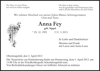 Traueranzeige von Anna Fey von Hersfeld