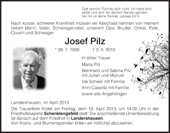 Traueranzeige von Josef Pilz von Hersfeld