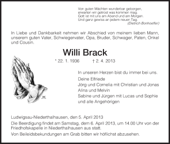 Traueranzeige von Willi Brack von Hersfeld