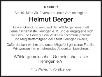 Traueranzeige von Helmut Berger von Hersfeld