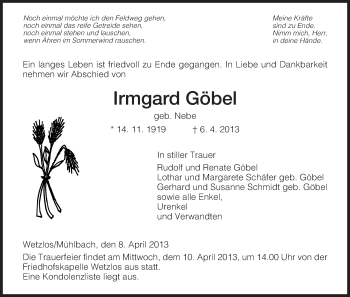 Traueranzeige von Irmgard Göbel von Hersfeld