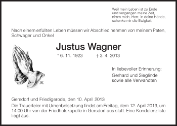 Traueranzeige von Justus Wagner von Hersfeld