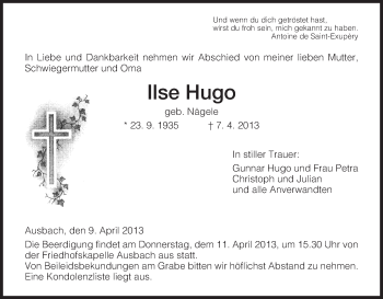 Traueranzeige von Ilse Hugo von Hersfeld