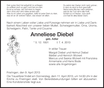 Traueranzeige von Anneliese Diebel von Hersfeld