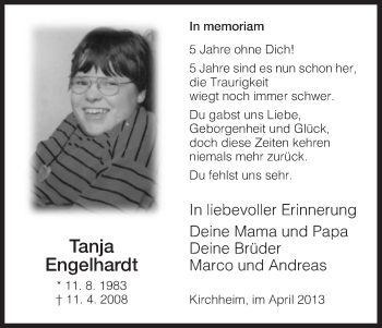 Traueranzeige von Tanja Engelhardt von Hersfeld