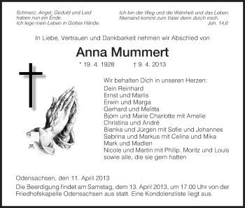 Traueranzeige von Anna Mummert von Hersfeld