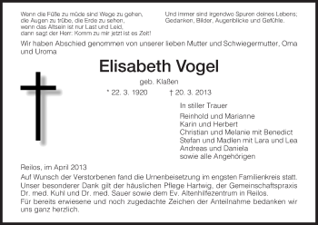 Traueranzeige von Elisabeth Vogel von Hersfeld