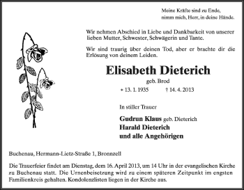 Traueranzeige von Elisbeth Dietrich von Hersfeld