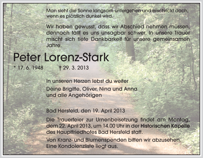  Traueranzeige für Peter Lorenz-Stark vom 19.04.2013 aus Hersfeld
