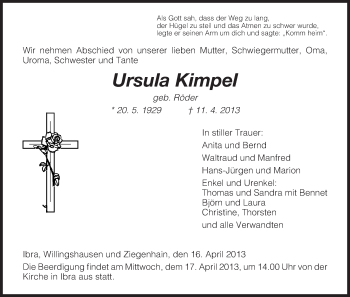 Traueranzeige von Ursula Kimpel von Hersfeld