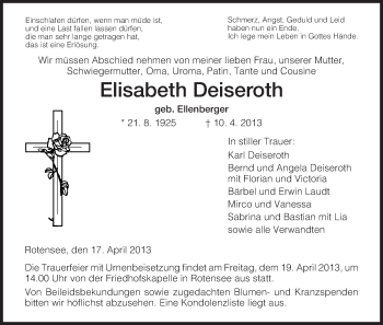 Traueranzeige von Elisabeth Deiseroth von Hersfeld