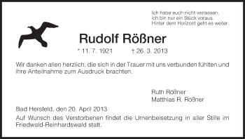 Traueranzeige von Rudolf Rößner von Hersfeld