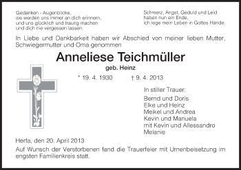 Traueranzeige von Anneliese Teichmüller von Hersfeld