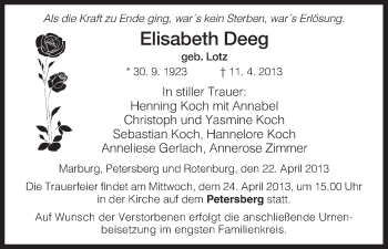 Traueranzeige von Elisabeth Deeg von Hersfeld