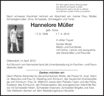 Traueranzeige von Hannelore Müller von Hersfeld