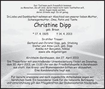 Traueranzeige von Christine Dipp von Hersfeld