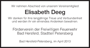 Traueranzeige von Elisabeth Deeg von Hersfeld