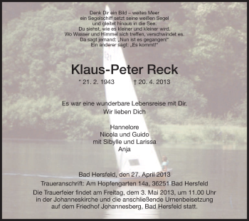 Traueranzeige von Klaus-Peter Reck von Hersfeld