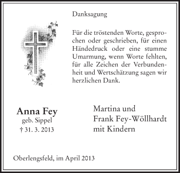 Traueranzeige von Anna Fey von Hersfeld