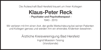 Traueranzeige von Klaus-Peter Reck von Hersfeld