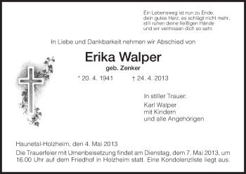 Traueranzeige von Erika Walper von Hersfeld