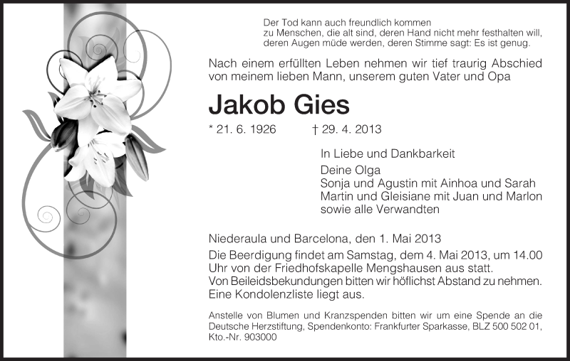  Traueranzeige für Jakob Gies vom 01.05.2013 aus Hersfeld