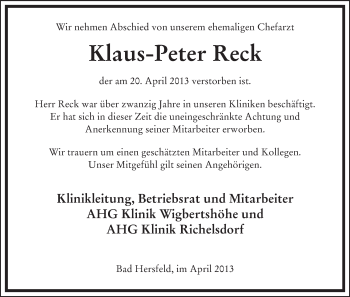 Traueranzeige von Klaus-Peter Reck von Hersfeld