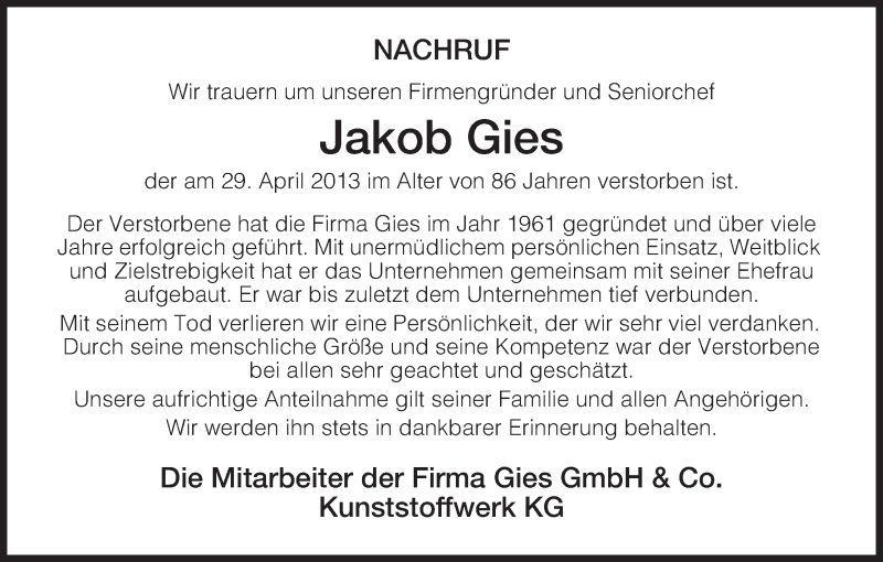  Traueranzeige für Jakob Gies vom 03.05.2013 aus Hersfeld