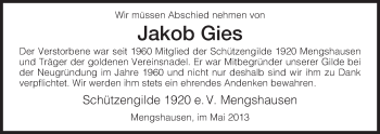 Traueranzeige von Jakob Gies von Hersfeld