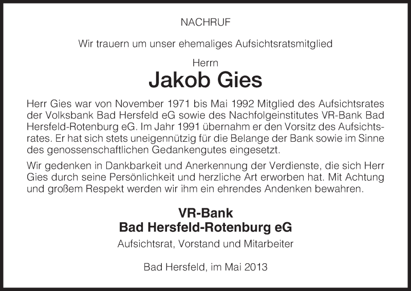  Traueranzeige für Jakob Gies vom 03.05.2013 aus Hersfeld