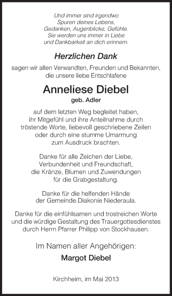 Traueranzeige von Anneliese Diebel von Hersfeld