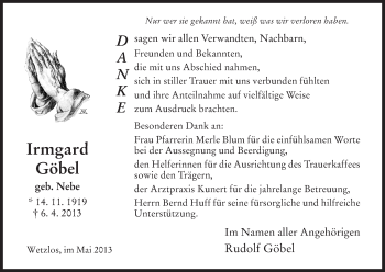 Traueranzeige von Irmgard Göbel von Hersfeld