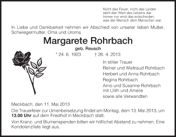 Traueranzeige von Margarete Rohrbach von Hersfeld
